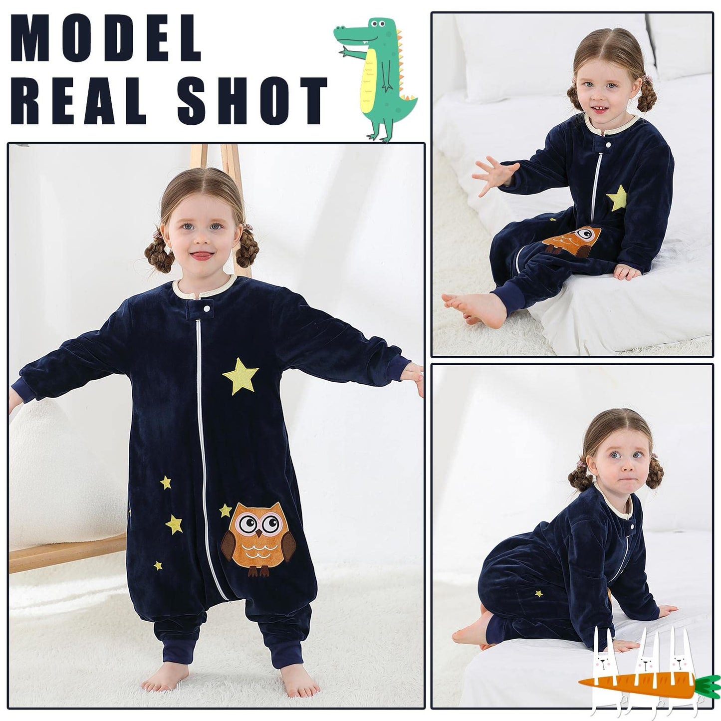 Animados Suave Pijama con Pies Cuatro Estaciones 3-5 años Búho Azul Marino