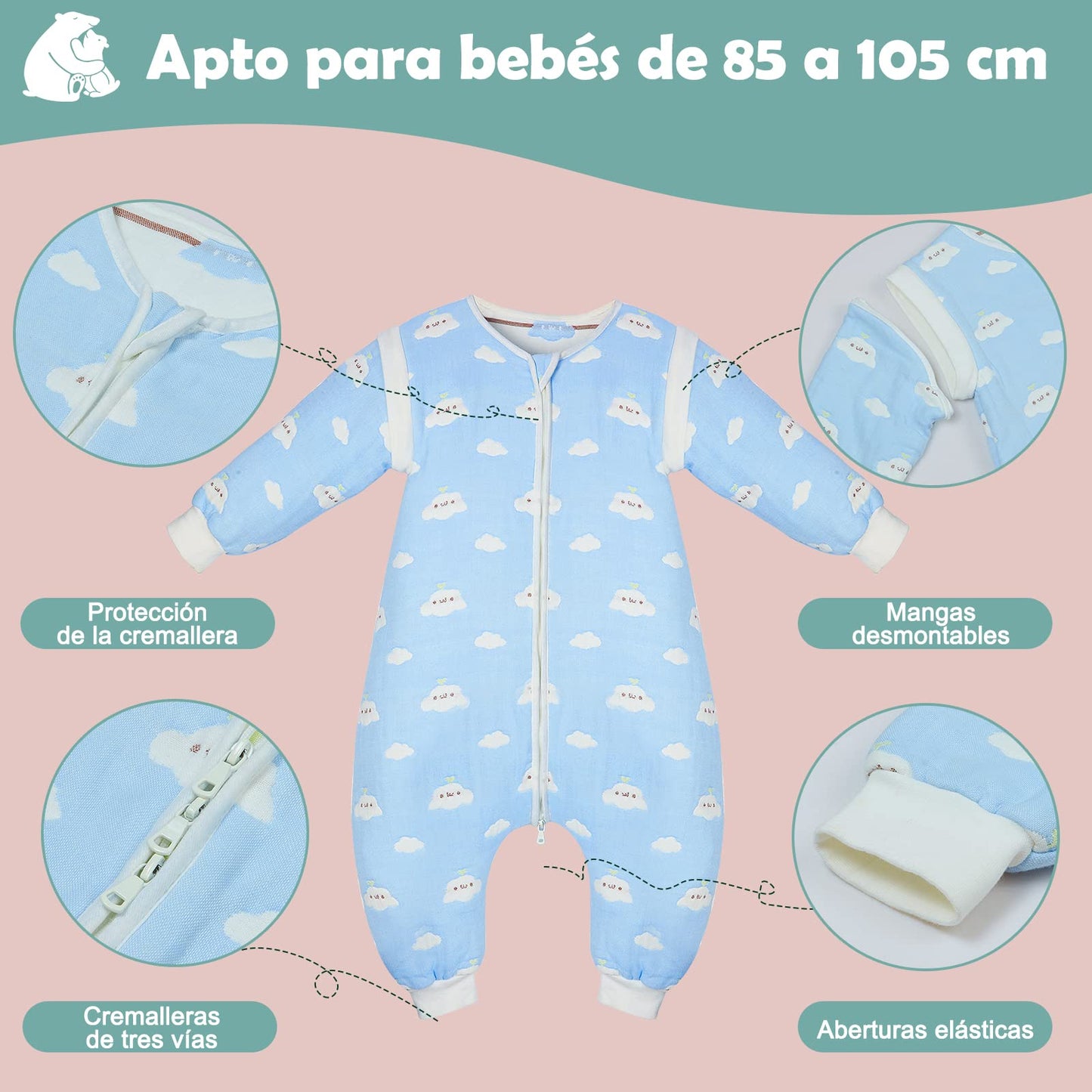 Saco de Dormir Bebe Niños con Mangas Extraíbles