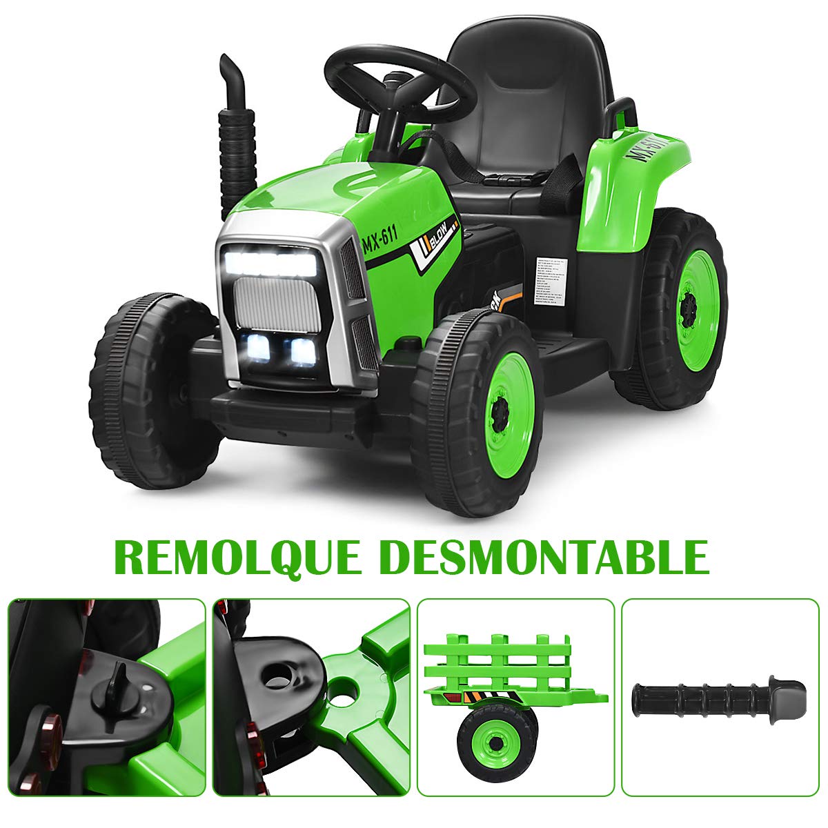 Tractor Electrico para Niños con Remolque, 3 Velocidades y Control Remoto