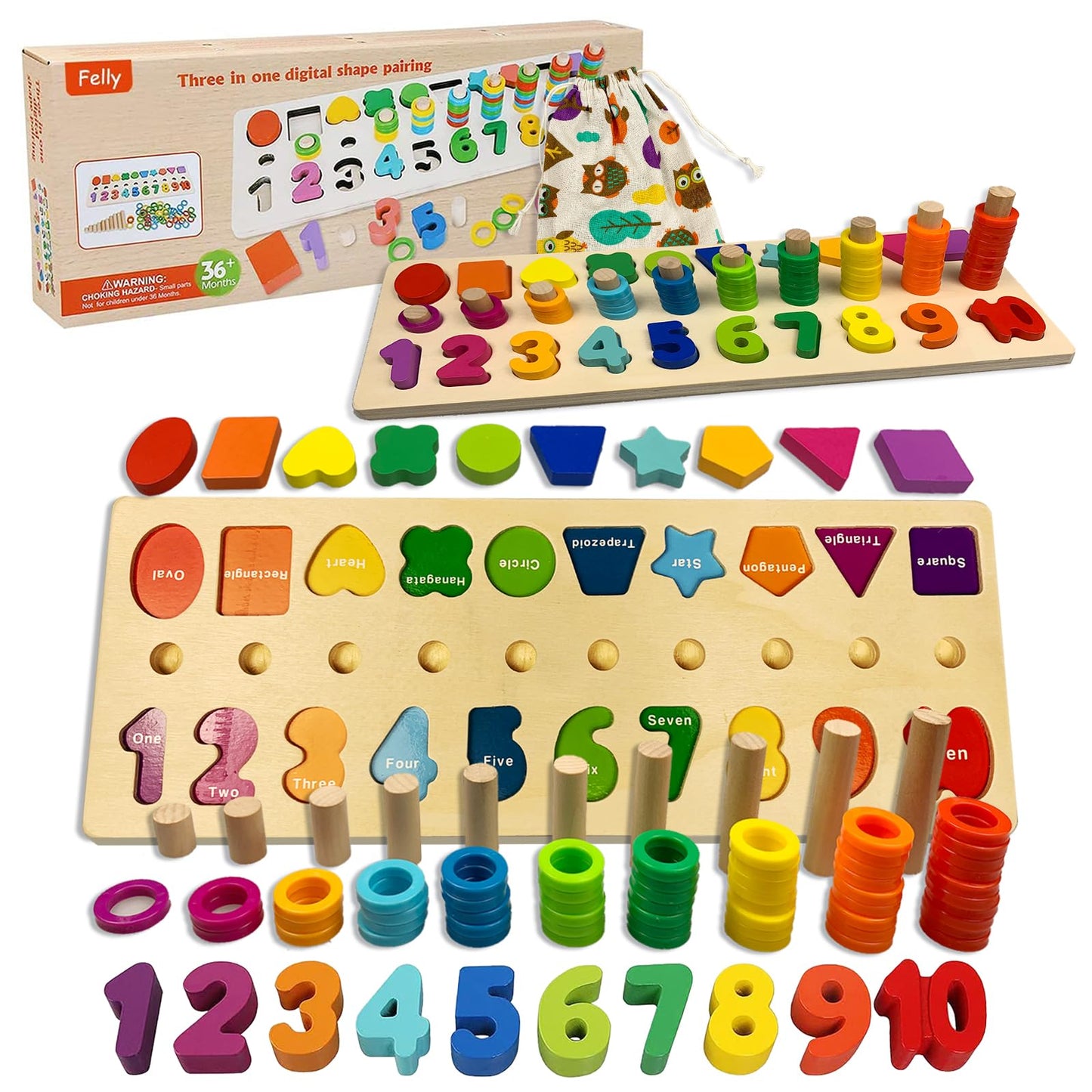 Juego Educativos  de Madera Bebe Tablero de Conteo Números Apilamiento 1 a 3 años.