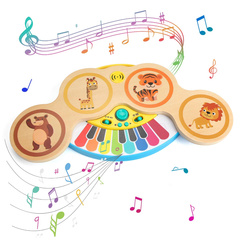 Teclado de madera 2 en 1, piano, tambor, aplausos, con luz y música, animales de dibujos animados, juguetes musicales, juguetes  para bebés de 12 meses