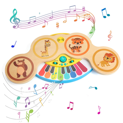 Teclado de madera 2 en 1, piano, tambor, aplausos, con luz y música, animales de dibujos animados, juguetes musicales, juguetes  para bebés de 12 meses