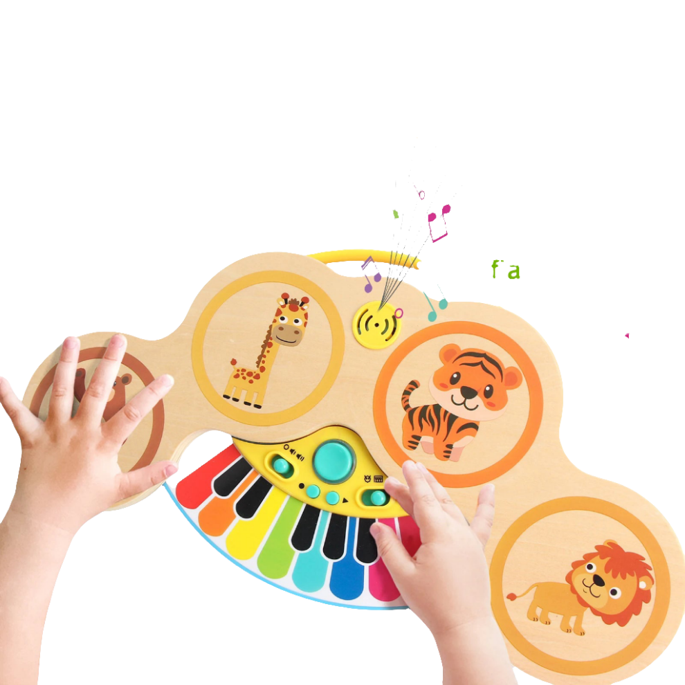 Teclado de madera 2 en 1, piano, tambor, aplausos, con luz y música, animales de dibujos animados, juguetes musicales, juguetes  para bebés de 12 meses