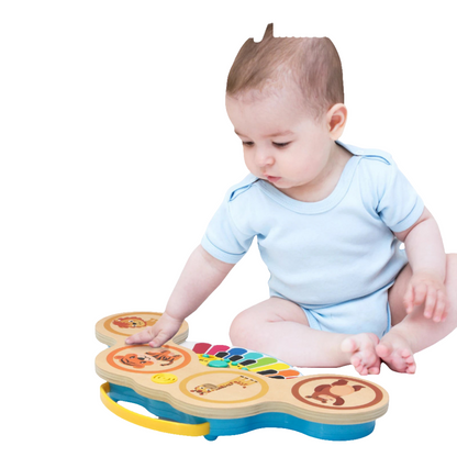 Teclado de madera 2 en 1, piano, tambor, aplausos, con luz y música, animales de dibujos animados, juguetes musicales, juguetes  para bebés de 12 meses